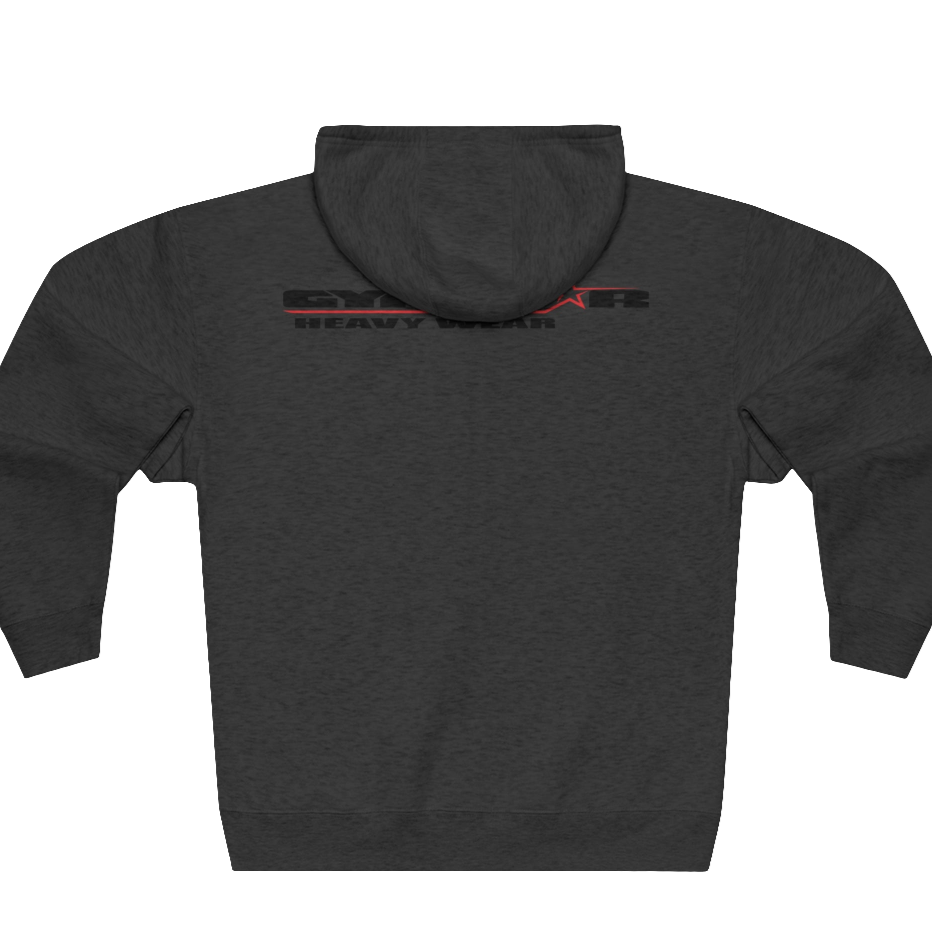 A grey Gymsatr, fitness hoodie with a graphic text Raw Concept and a logo on the front, and the hoodie has a full zip closure. Rear view.