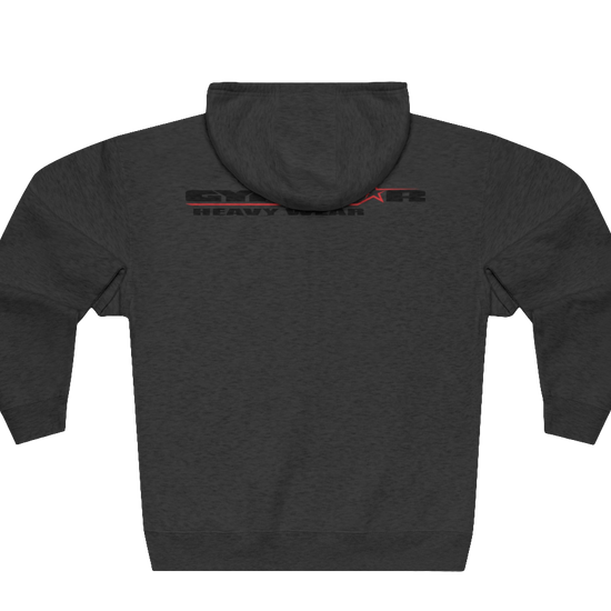 A grey Gymsatr, fitness hoodie with a graphic text Raw Concept and a logo on the front, and the hoodie has a full zip closure. Rear view.