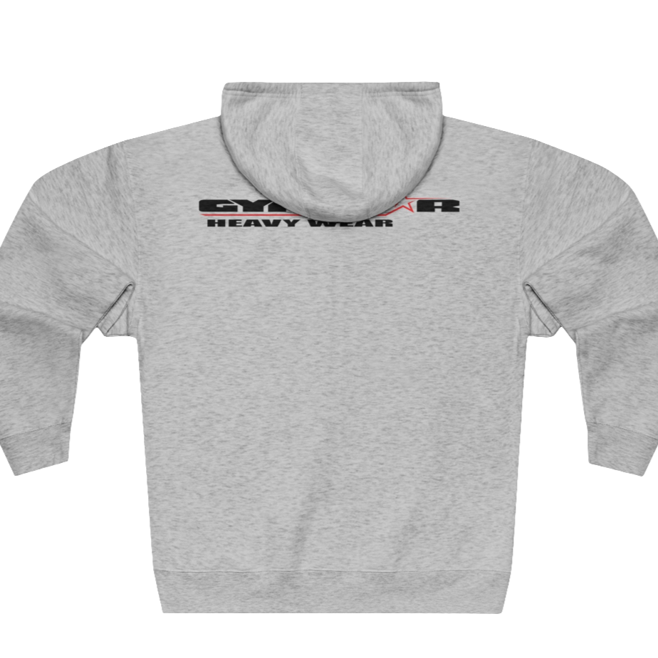 Silver grey sports, Gymsatr, fitness hoodie with a graphic text Raw Concept and a logo on the front, and the hoodie has a full zip closure. Rear view.