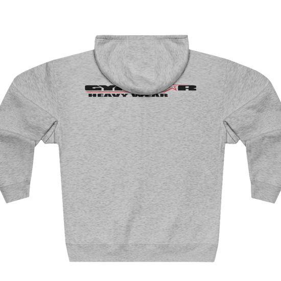 Silver grey sports, Gymsatr, fitness hoodie with a graphic text Raw Concept and a logo on the front, and the hoodie has a full zip closure. Rear view.