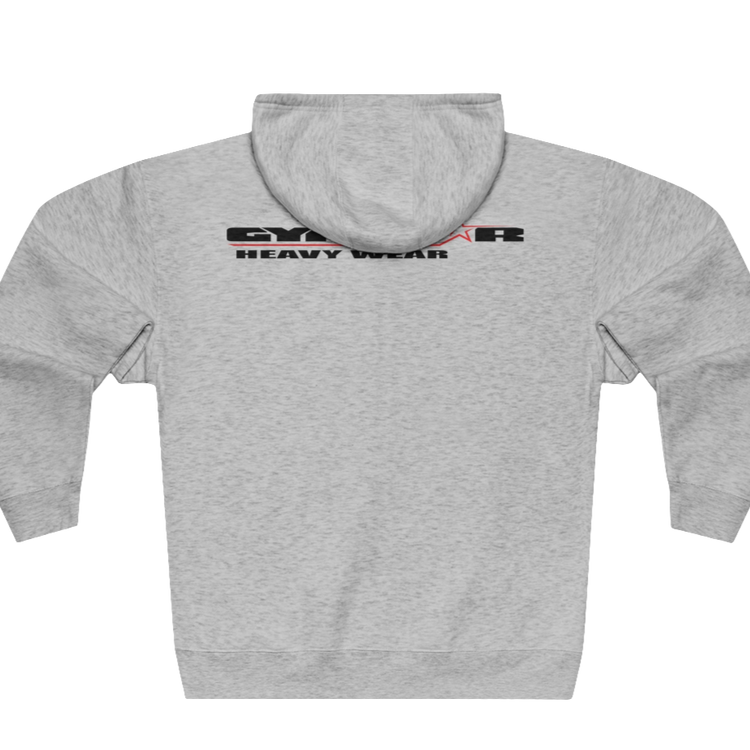 Silver grey sports, Gymsatr, fitness hoodie with a graphic text Raw Concept and a logo on the front, and the hoodie has a full zip closure. Rear view.