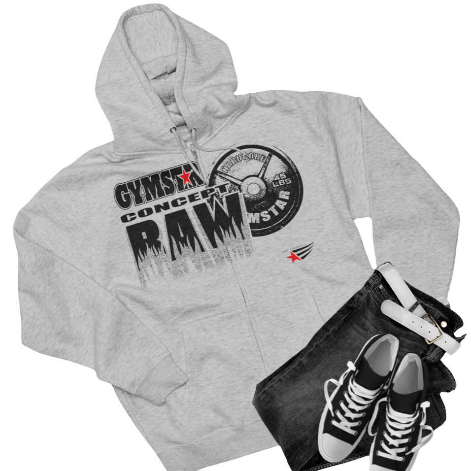 Silver grey sports, Gymsatr, fitness hoodie with a graphic text Raw Concept and a logo on the front, and the hoodie has a full zip closure. Front  group view.