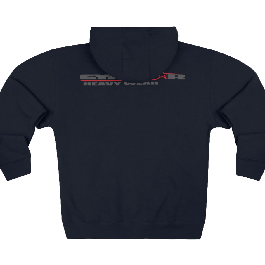 A navy blue Gymsatr, fitness hoodie with a graphic text Raw Concept and a logo on the front, and the hoodie has a full zip closure. Rear view.