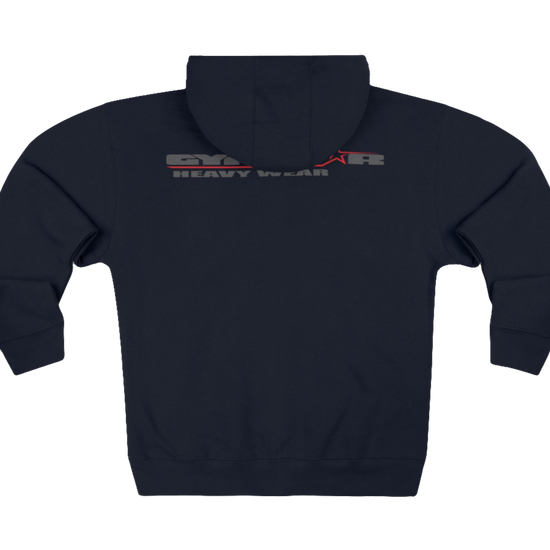 A navy blue Gymsatr, fitness hoodie with a graphic text Raw Concept and a logo on the front, and the hoodie has a full zip closure. Rear view.