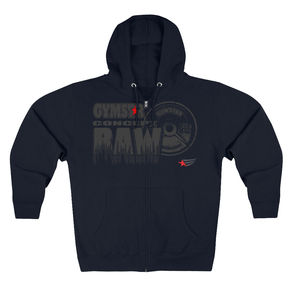 A navy blue sports, Gymsatr, fitness hoodie with a graphic text Raw Concept and a logo on the front, and the hoodie has a full zip closure. Front view.