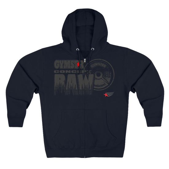 A navy blue sports, Gymsatr, fitness hoodie with a graphic text Raw Concept and a logo on the front, and the hoodie has a full zip closure. Front view.