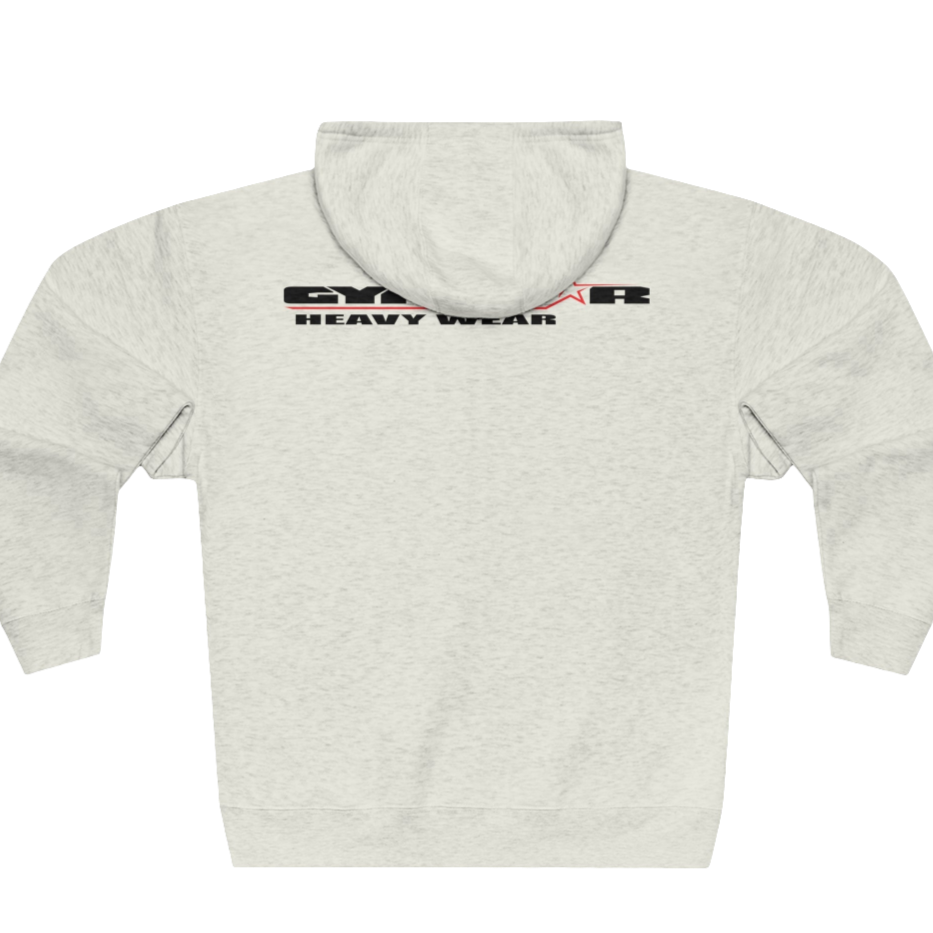 A white Gymsatr, fitness hoodie with a graphic text Raw Concept and a logo on the front, and the hoodie has a full zip closure. Rear view.