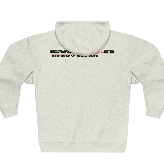 A white Gymsatr, fitness hoodie with a graphic text Raw Concept and a logo on the front, and the hoodie has a full zip closure. Rear view.