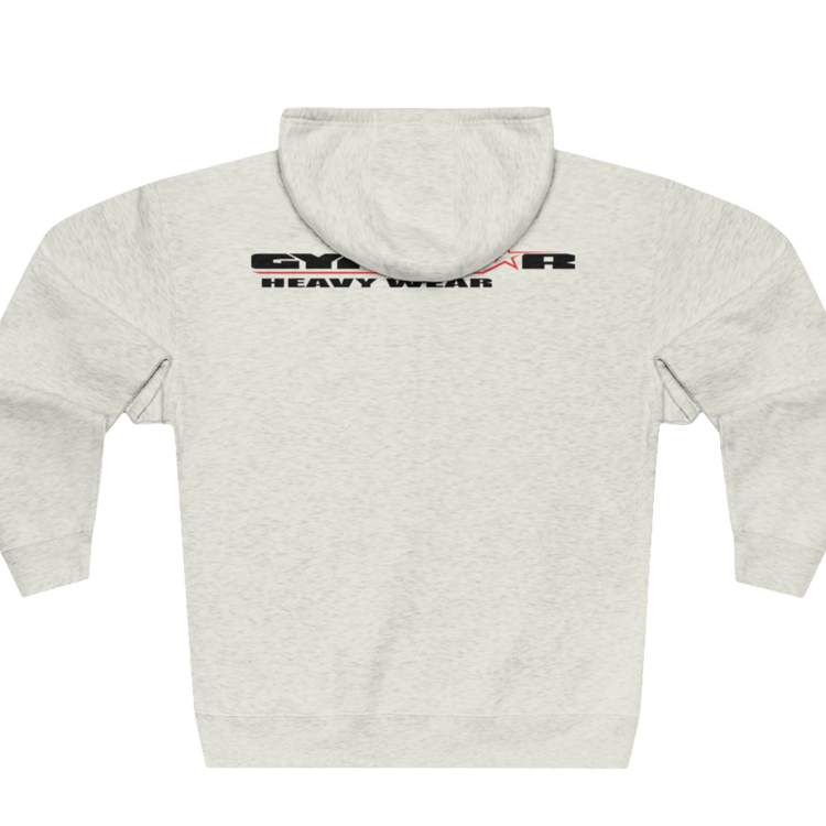 A white Gymsatr, fitness hoodie with a graphic text Raw Concept and a logo on the front, and the hoodie has a full zip closure. Rear view.