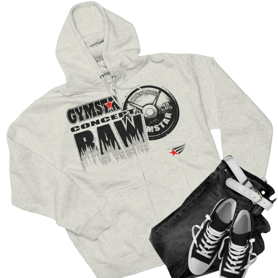 A white sports, Gymsatr, fitness hoodie with a graphic text Raw Concept and a logo on the front, and the hoodie has a full zip closure. Front group view.