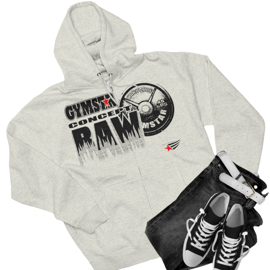 A white sports, Gymsatr, fitness hoodie with a graphic text Raw Concept and a logo on the front, and the hoodie has a full zip closure. Front group view.