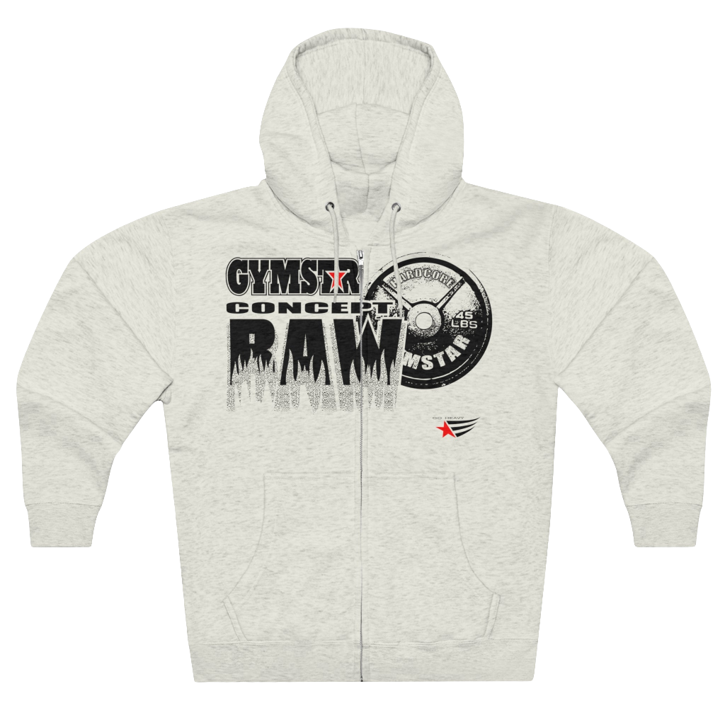 A white sports, Gymsatr, fitness hoodie with a graphic text Raw Concept and a logo on the front, and the hoodie has a full zip closure. Front view.