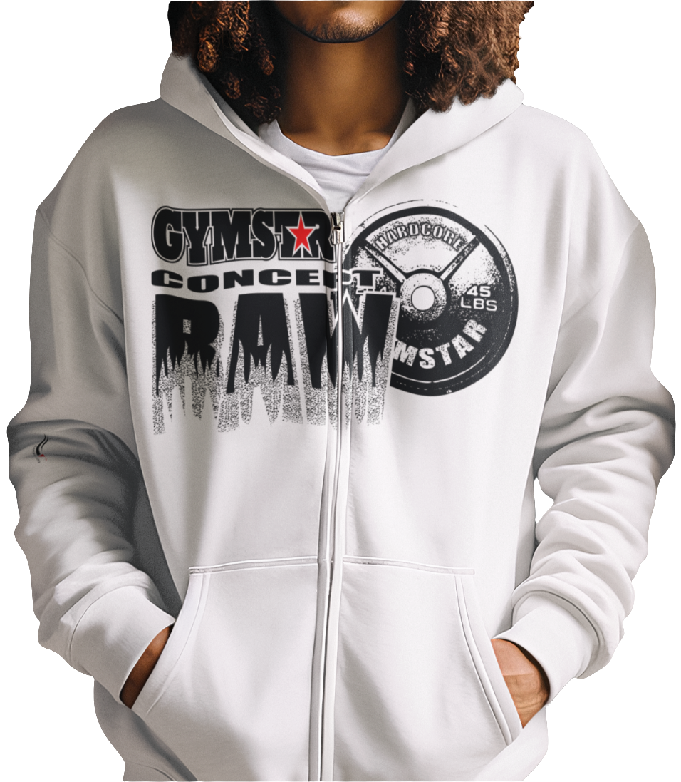 A person wearing a white unisex full zip hoodie Gymsatr with text "Cocept RAW" Barbell design on the front related to fitness and determination.