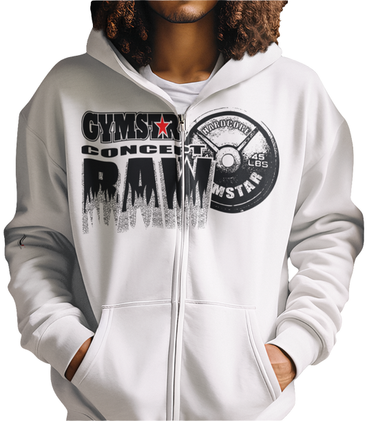 A person wearing a white unisex full zip hoodie Gymsatr with text "Cocept RAW" Barbell design on the front related to fitness and determination.