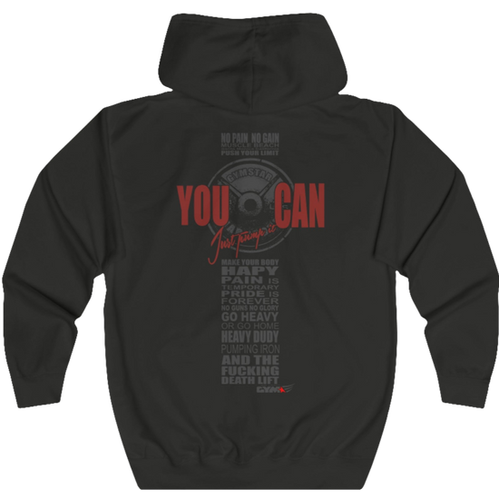 Dark chocolate, sporty, fitness Gymstar sweatshirt with a hood, branded with the brand logo. The sweatshirt has a  pockets and is decorated with a motivating design You Can work for it! Rear vew.