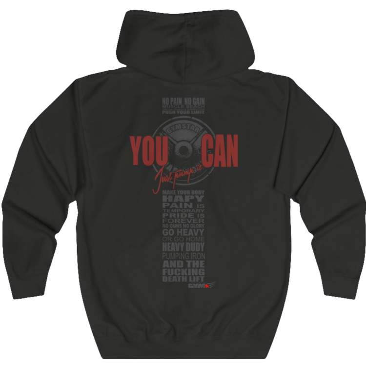 Dark chocolate, sporty, fitness Gymstar sweatshirt with a hood, branded with the brand logo. The sweatshirt has a  pockets and is decorated with a motivating design You Can work for it! Rear vew.