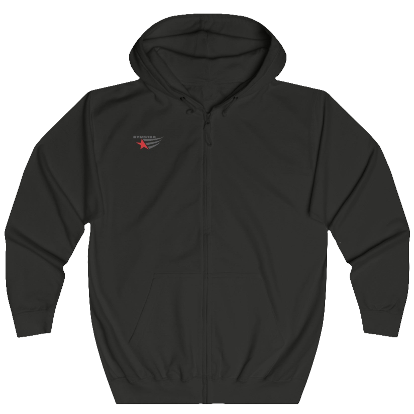 Hot chocolate, sporty, fitness Gymstar sweatshirt with a hood, branded with the brand logo. The sweatshirt has a  pockets and is decorated with a motivating design You Can work for it! Front view.