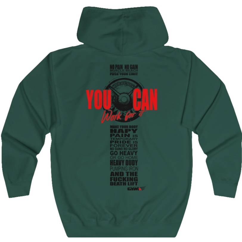 Green, sporty, fitness Gymstar sweatshirt with a hood, branded with the brand logo. The sweatshirt has a  pockets and is decorated with a motivating design You Can work for it! Rear vew.
