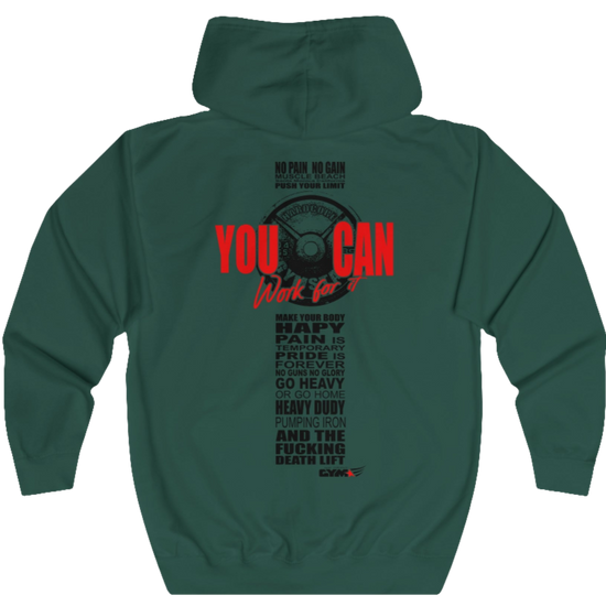 Green, sporty, fitness Gymstar sweatshirt with a hood, branded with the brand logo. The sweatshirt has a  pockets and is decorated with a motivating design You Can work for it! Rear vew.