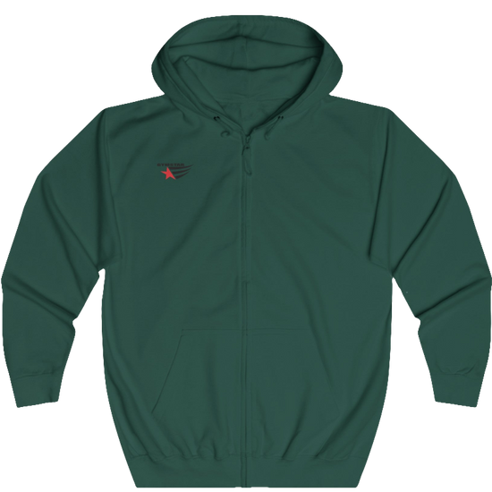 A green unisex full zip hoodie Gymsatr with logo on the front related to fitness and determination.