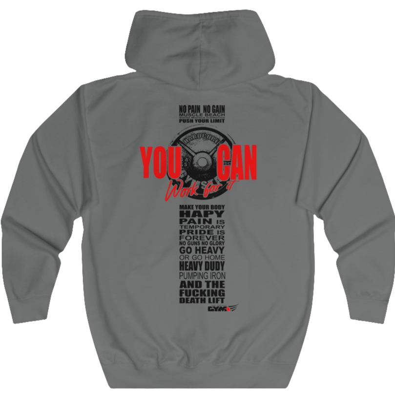 Grey, sporty, fitness Gymstar sweatshirt with a hood, branded with the brand logo. The sweatshirt has a  pockets and is decorated with a motivating design You Can work for it! Rear vew.