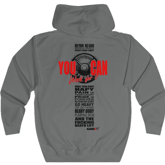 Grey, sporty, fitness Gymstar sweatshirt with a hood, branded with the brand logo. The sweatshirt has a  pockets and is decorated with a motivating design You Can work for it! Rear vew.