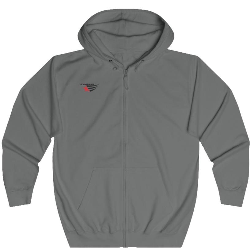 A sport grey unisex full zip hoodie Gymsatr with logo on the front related to fitness and determination.