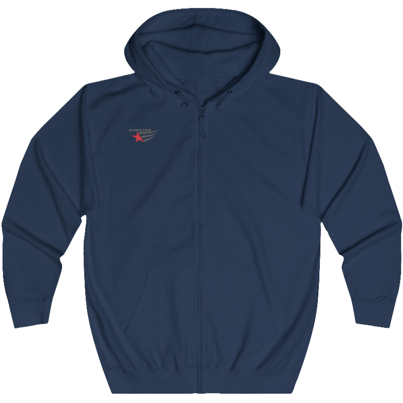 Navy blue, sporty, fitness Gymstar sweatshirt with a hood, branded with the brand logo. The sweatshirt has a  pockets and is decorated with a motivating design You Can work for it! Front view.