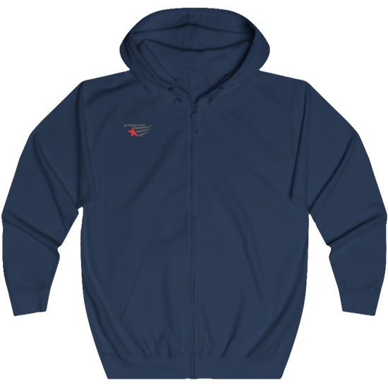 Navy blue, sporty, fitness Gymstar sweatshirt with a hood, branded with the brand logo. The sweatshirt has a  pockets and is decorated with a motivating design You Can work for it! Front view.