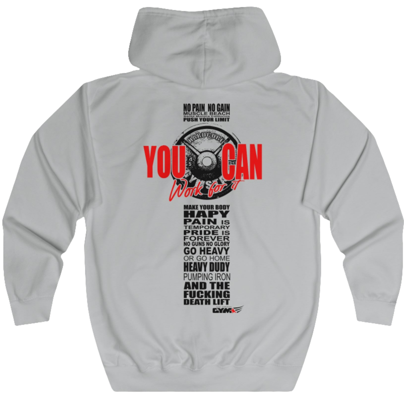Silver grey, sporty, fitness Gymstar sweatshirt with a hood, branded with the brand logo. The sweatshirt has a  pockets and is decorated with a motivating design You Can work for it! Rear vew.