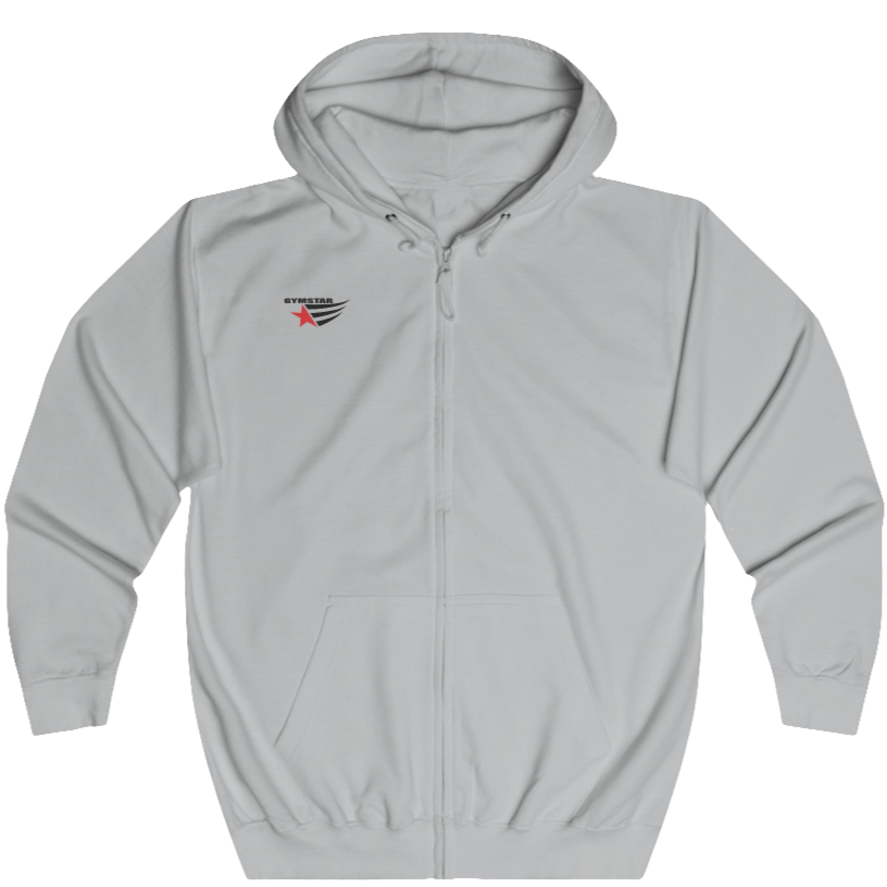 A white unisex full zip hoodie Gymsatr with logo on the front related to fitness and determination.