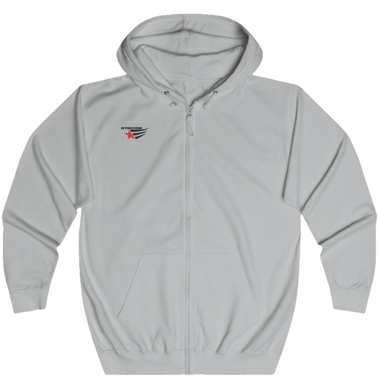 A white unisex full zip hoodie Gymsatr with logo on the front related to fitness and determination.