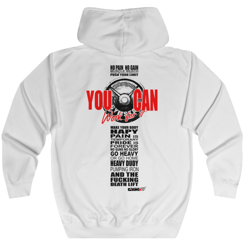 White, sporty, fitness Gymstar sweatshirt with a hood, branded with the brand logo. The sweatshirt has a  pockets and is decorated with a motivating design You Can work for it! Rear vew.