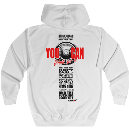 White, sporty, fitness Gymstar sweatshirt with a hood, branded with the brand logo. The sweatshirt has a  pockets and is decorated with a motivating design You Can work for it! Rear vew.