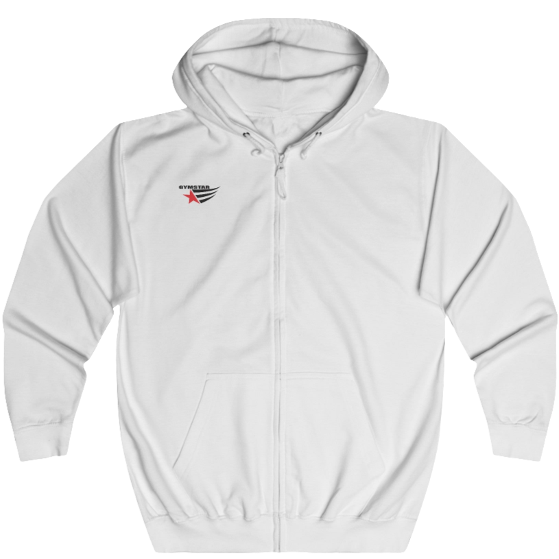 A white unisex full zip hoodie Gymsatr with logo on the front related to fitness and determination.