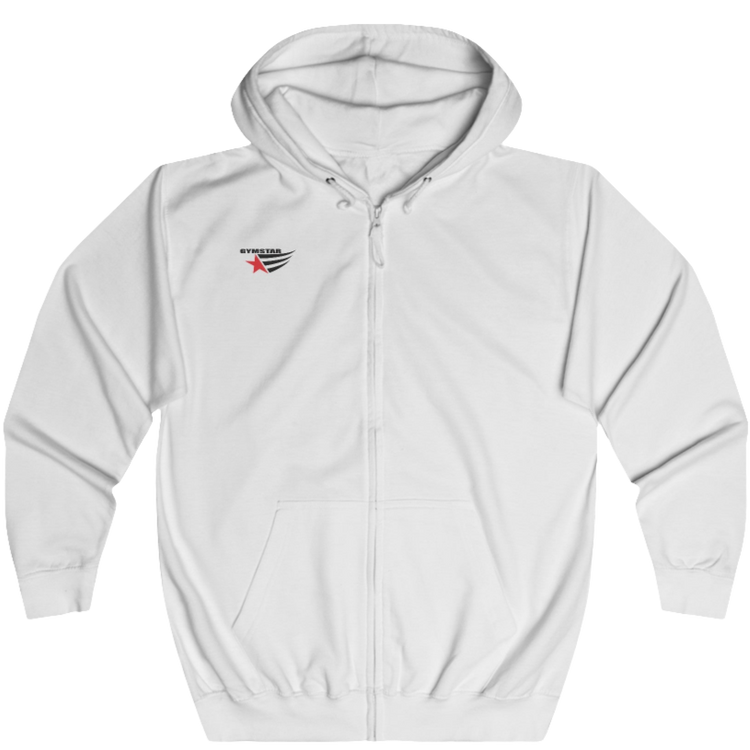 A white unisex full zip hoodie Gymsatr with logo on the front related to fitness and determination.