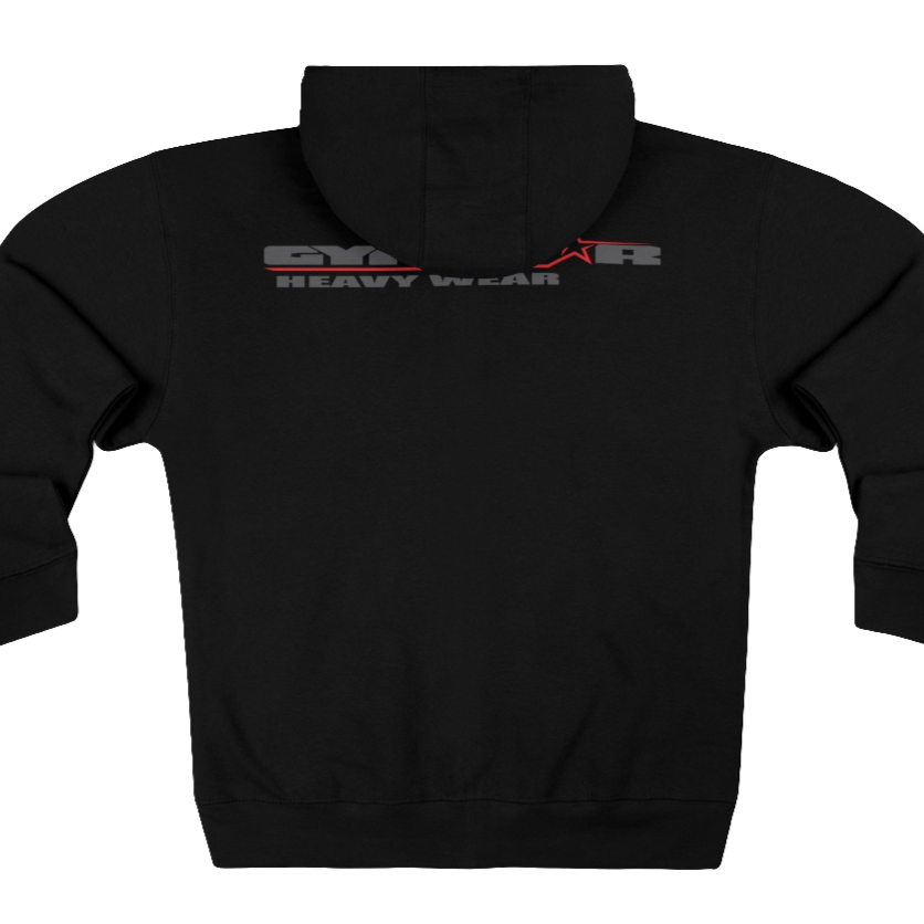Grey, sporty, fitness Gymstar sweatshirt with a hood, branded with the brand logo. The sweatshirt has a zipper and pockets and is decorated with a motivating design You Can Work for it! Rear vew.