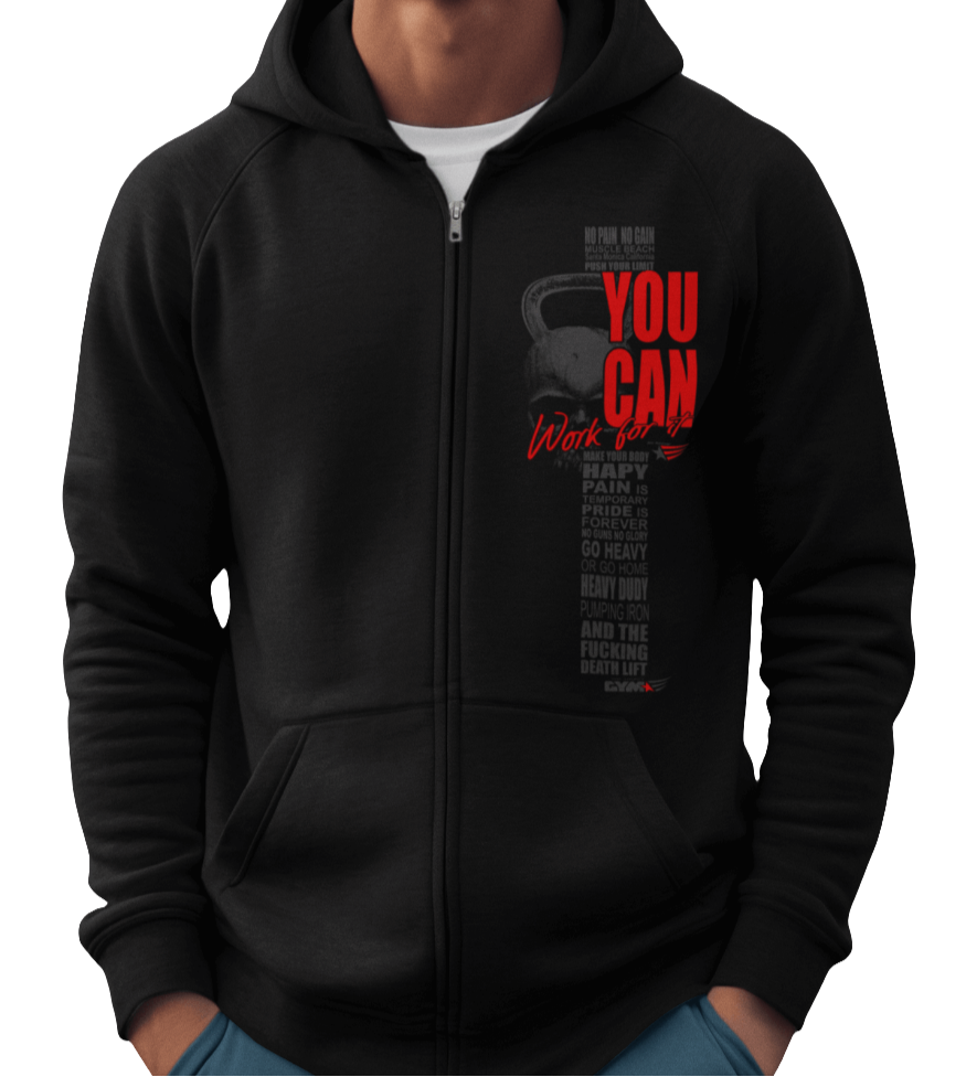 A man wearing a black sports, Gymsatr, fitness hoodie with a graphic text You Can Work for It, and a barbell on the front, and the hoodie has a full zip closure. Front view.