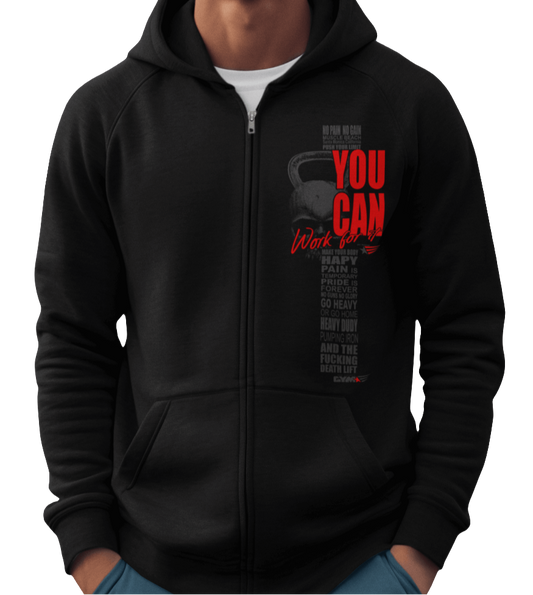 A man wearing a black sports, Gymsatr, fitness hoodie with a graphic text You Can Work for It, and a barbell on the front, and the hoodie has a full zip closure. Front view.