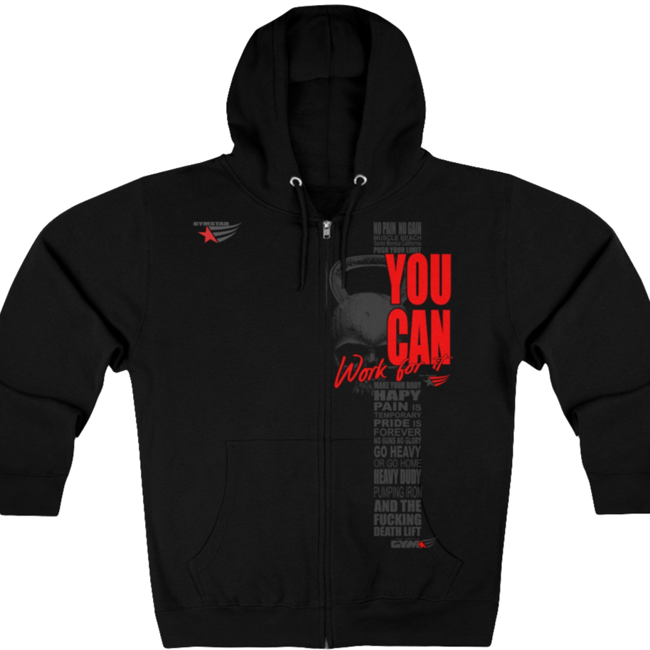 A black, sporty, fitness Gymstar sweatshirt with a hood, branded with the brand logo. The sweatshirt has a zipper and pockets and is decorated with a motivating design You Can, work for it! Front vew.