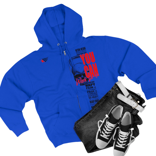 Gymstar blue sweatshirt with a hood, branded with the Gymstar logo. The sweatshirt has a zipper and pockets and is decorated with a motivating design You Can, Work for it! Front vew.