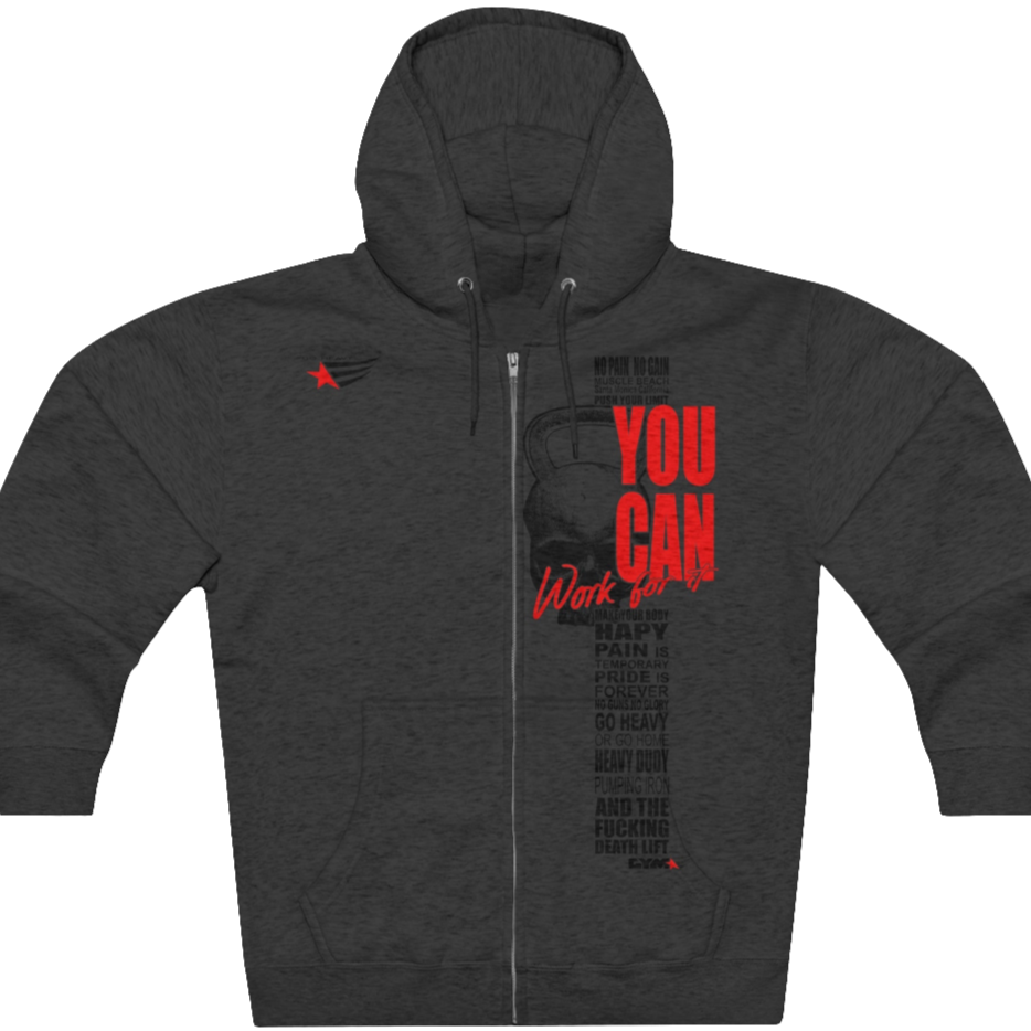 A Sport Grey, sporty, fitness Gymstar sweatshirt with a hood, branded with the brand logo. The sweatshirt has a zipper and pockets and is decorated with a motivating design You Can Work for it! Front vew. 
