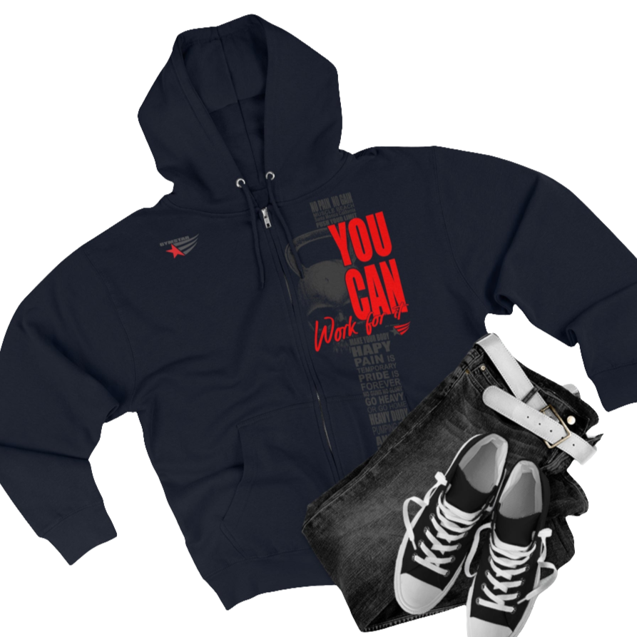 Gymstar navy blue sweatshirt with a hood, branded with the Gymstar logo. The sweatshirt has a zipper and pockets and is decorated with a motivating design You Can, Work for it! Front vew.