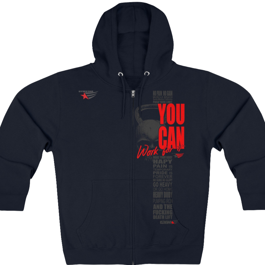 A navy blue, sporty, fitness Gymstar sweatshirt with a hood, branded with the brand logo. The sweatshirt has a zipper and pockets and is decorated with a motivating design You Can work for it! Front vew.