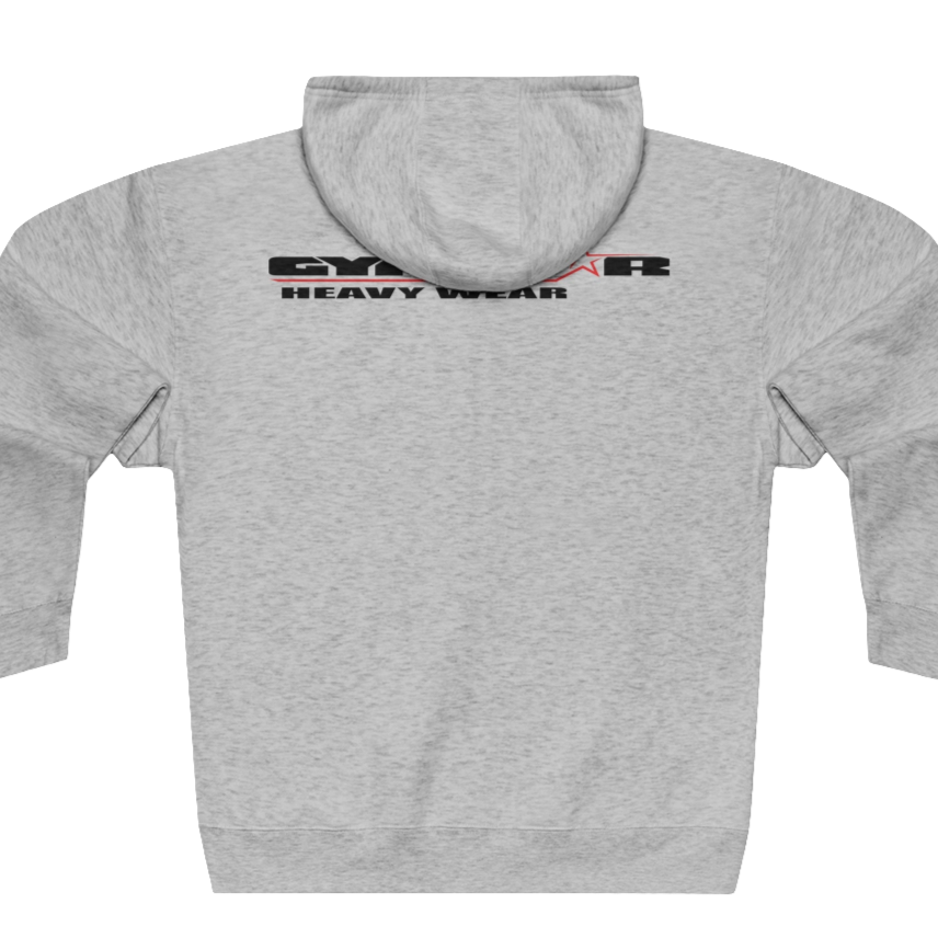 Grey, sporty, fitness Gymstar sweatshirt with a hood, branded with the brand logo. The sweatshirt has a zipper and pockets and is decorated with a motivating design You Can, Work for it! Back view.
