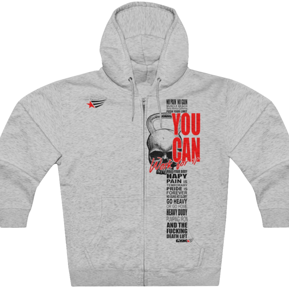 Grey, sporty, fitness Gymstar sweatshirt with a hood, branded with the brand logo. The sweatshirt has a zipper and pockets and is decorated with a motivating design You Can work for it! Front vew.
