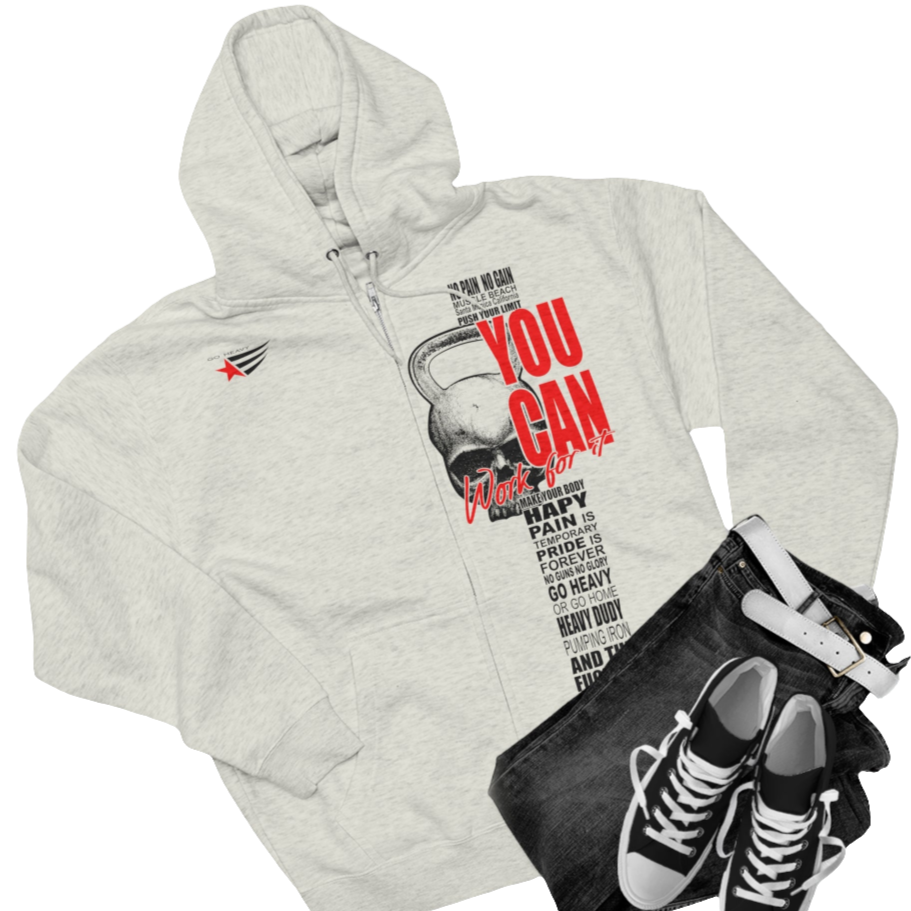 Gymstar silver grey sweatshirt with a hood, branded with the Gymstar logo. The sweatshirt has a zipper and pockets and is decorated with a motivating design You Can, Work for it! Front vew.