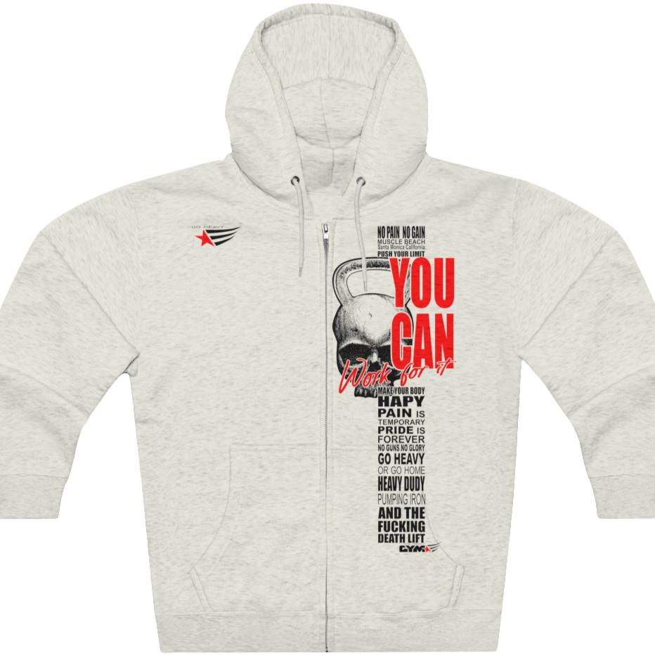 A Silver Grey, sporty, fitness Gymstar sweatshirt with a hood, branded with the brand logo. The sweatshirt has a zipper and pockets and is decorated with a motivating design You Can work for it! Front vew.