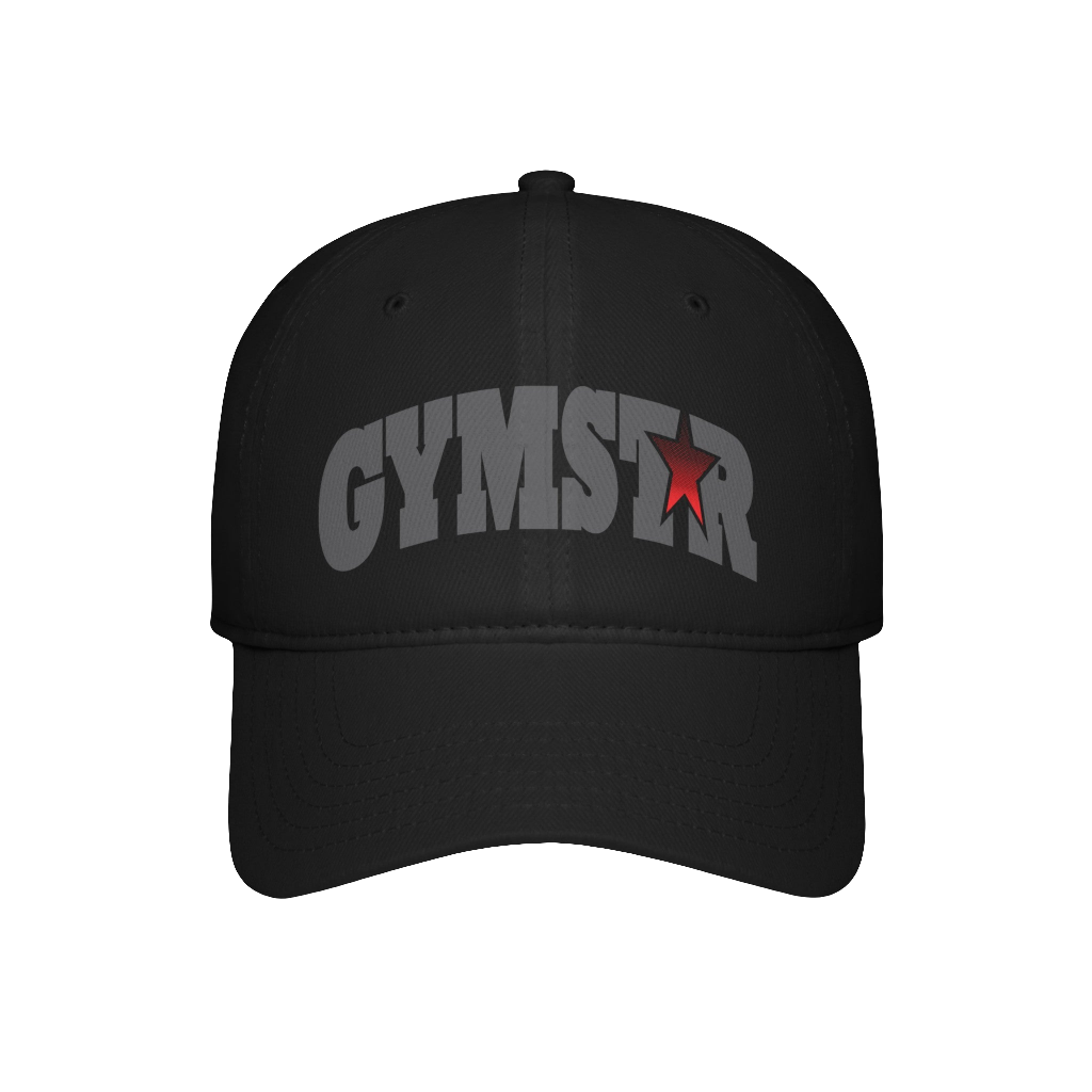 A black Gymstar Fitness baseball cap with a structured design and a brand inscription on the front.