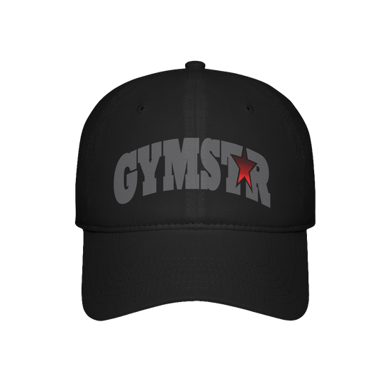 A black Gymstar Fitness baseball cap with a structured design and a brand inscription on the front.